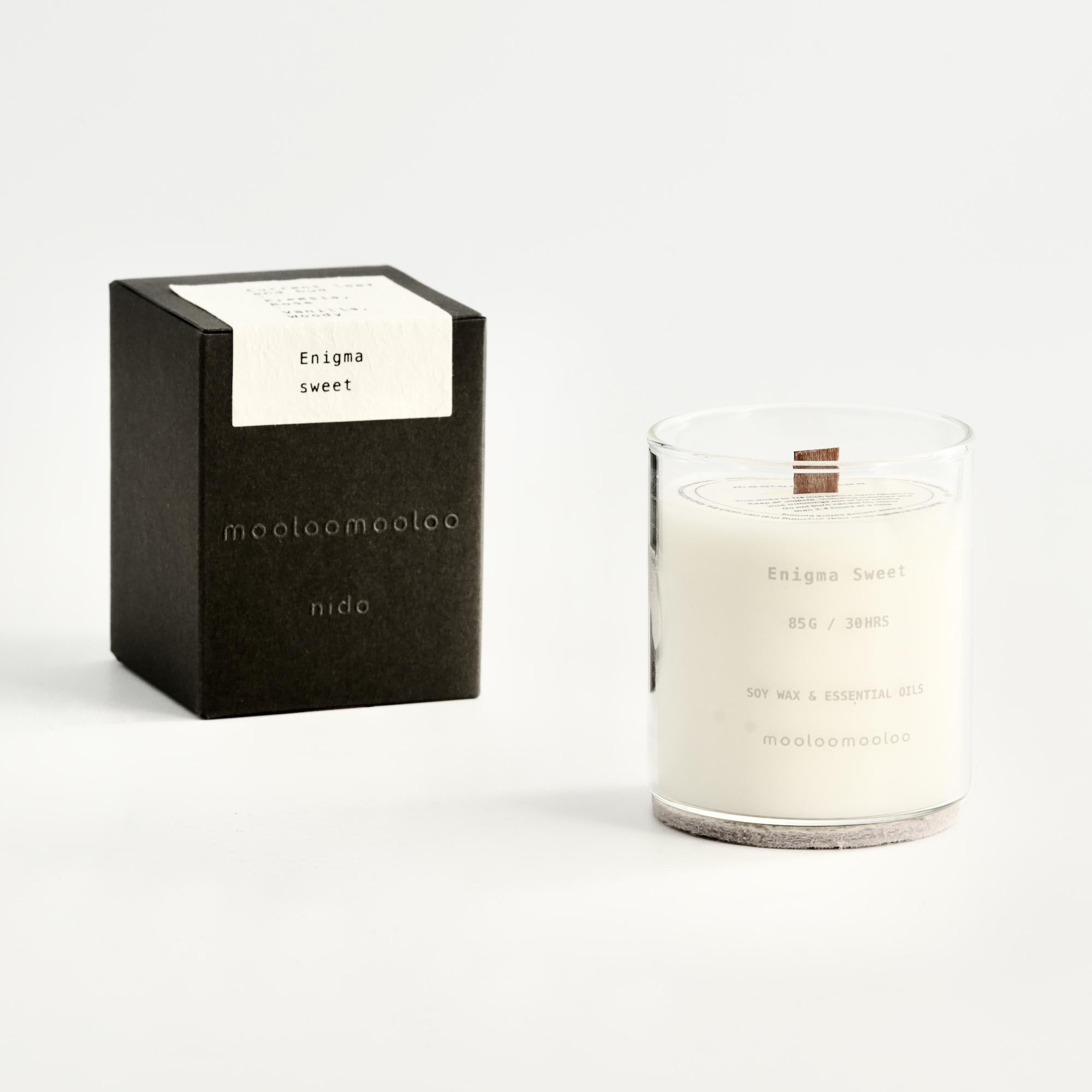 Enigma Sweet soy candle and minimalist packaging – thoughtful gift and home aromatherapy