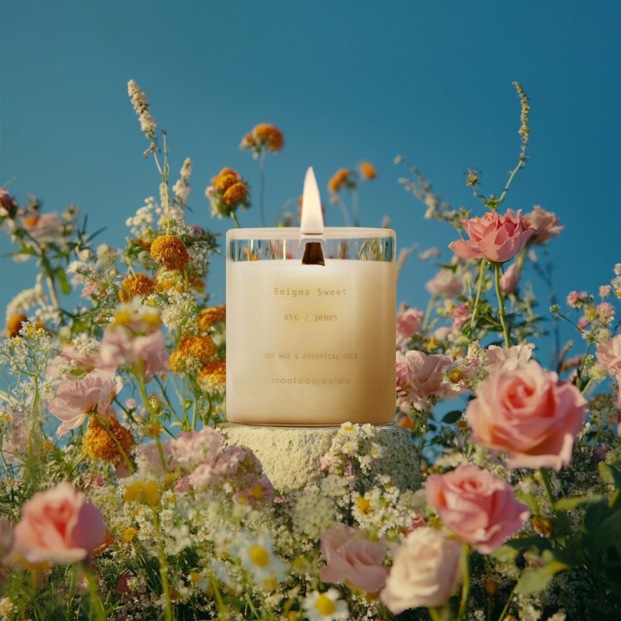 Enigma Sweet candle surrounded by blooming wildflowers – romantic botanical home fragrance