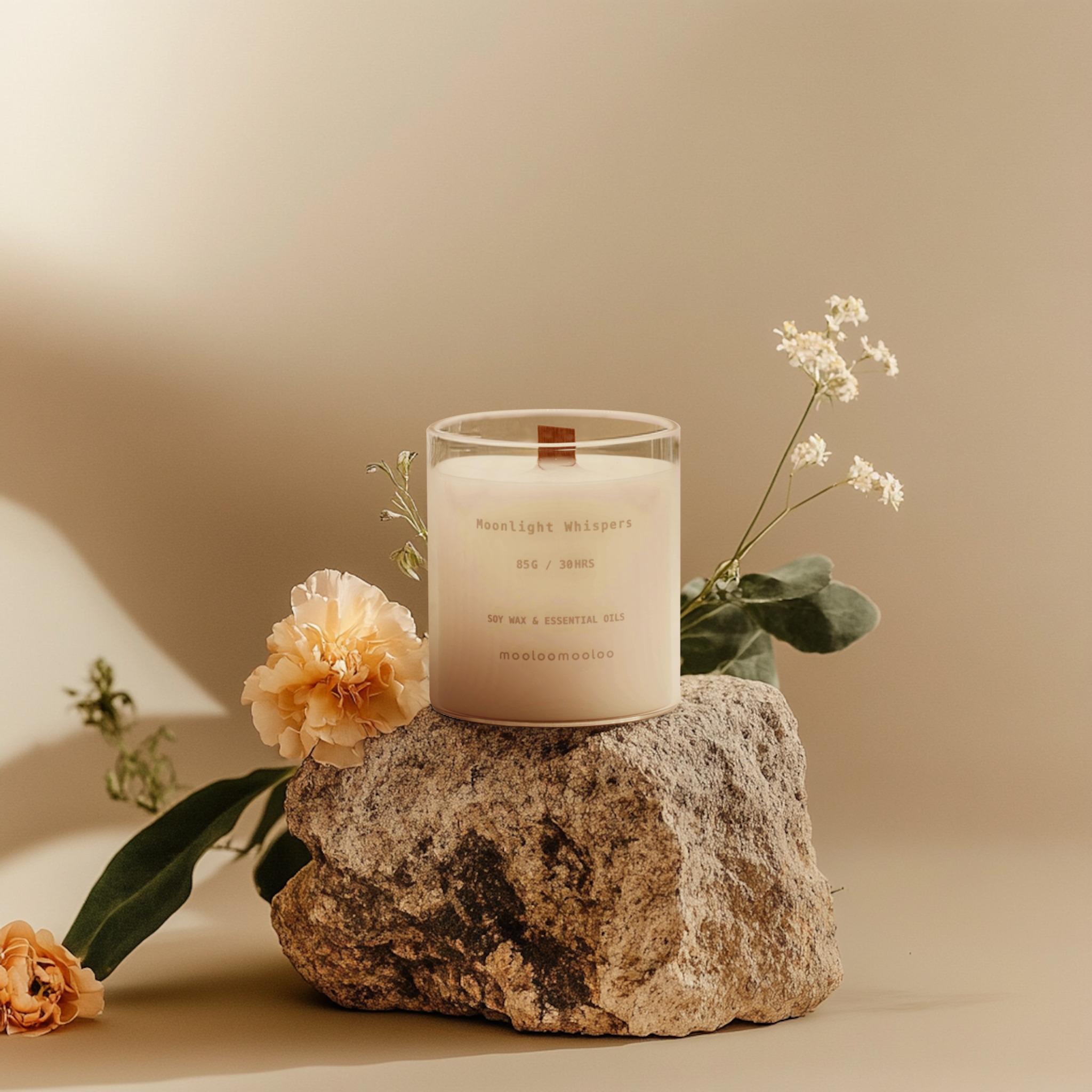 Moonlight Whispers soy wax candle placed on a stone with floral elements – minimalist home scent piece