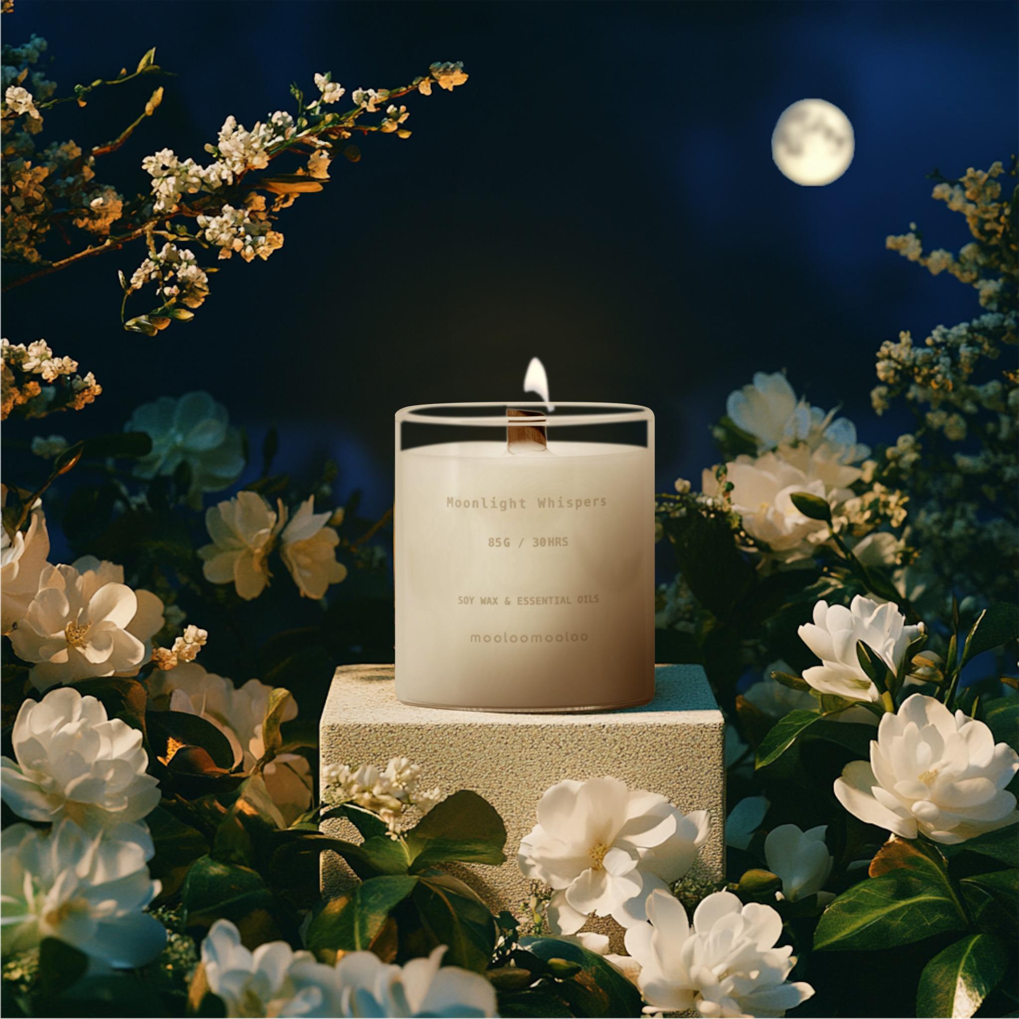 Moonlight Whispers scented candle in moonlit garden – relaxing night ritual with floral aromatherapy