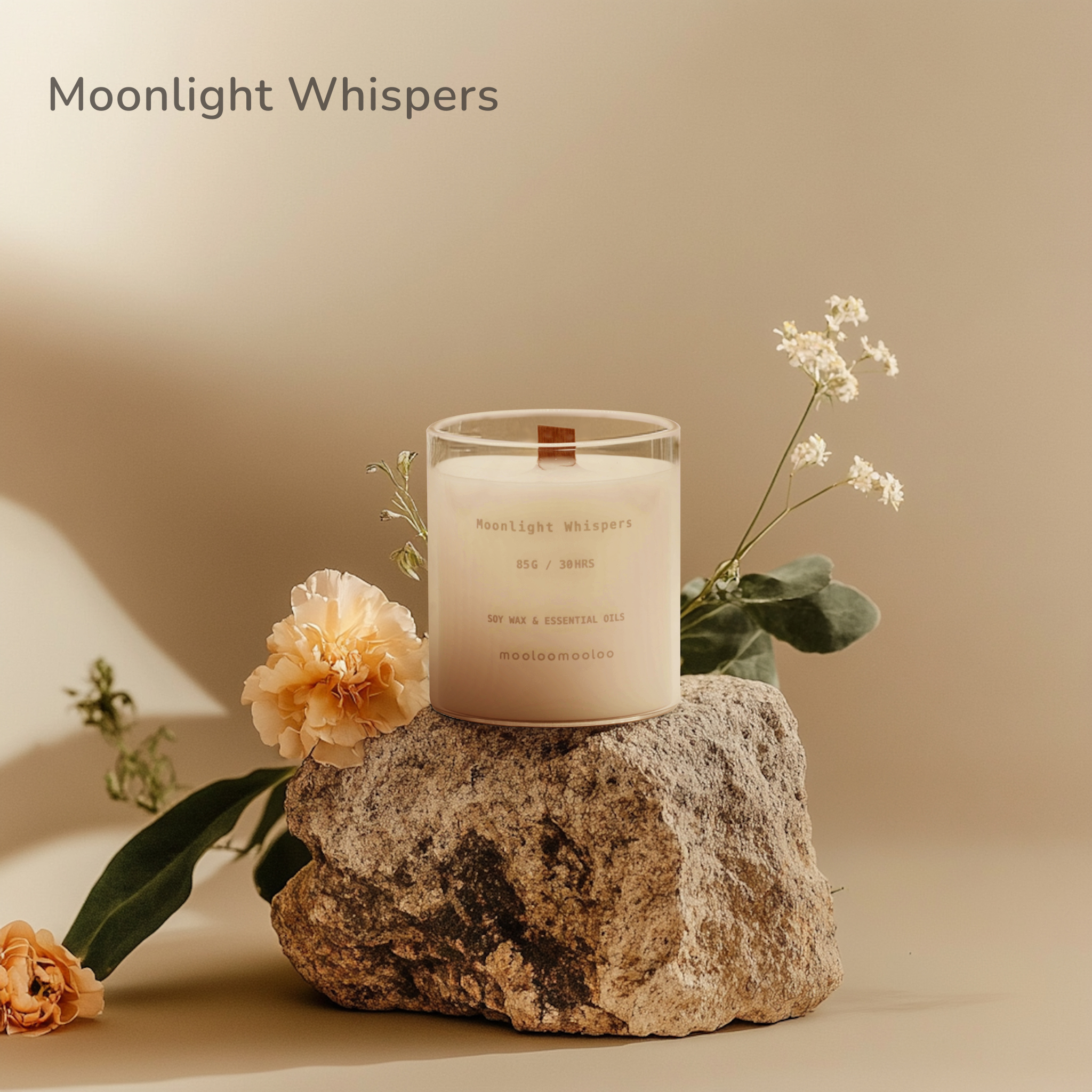 Moonlight Whispers soy wax candle placed on a stone with floral elements – minimalist home scent piece