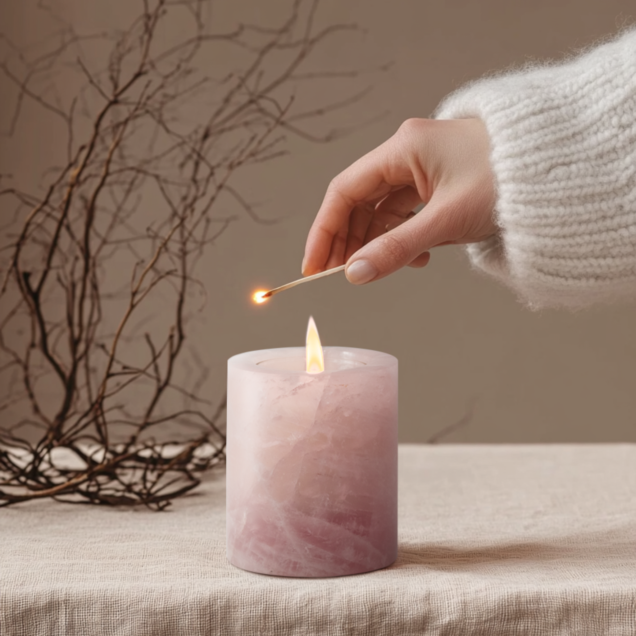 Rose Quartz crystal candle holder as a cozy home decor