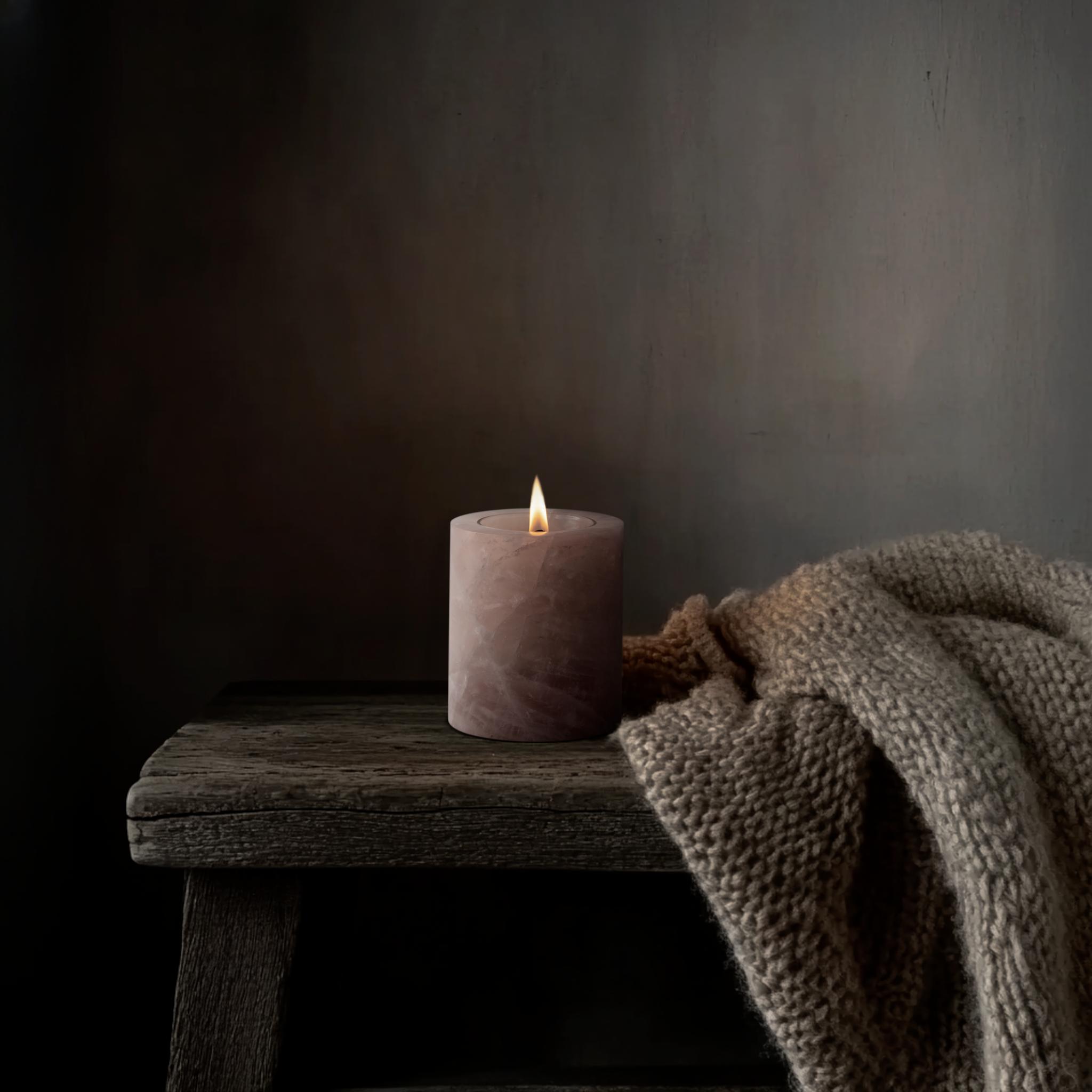 Rose Quartz crystal candle holder as a cozy home decor