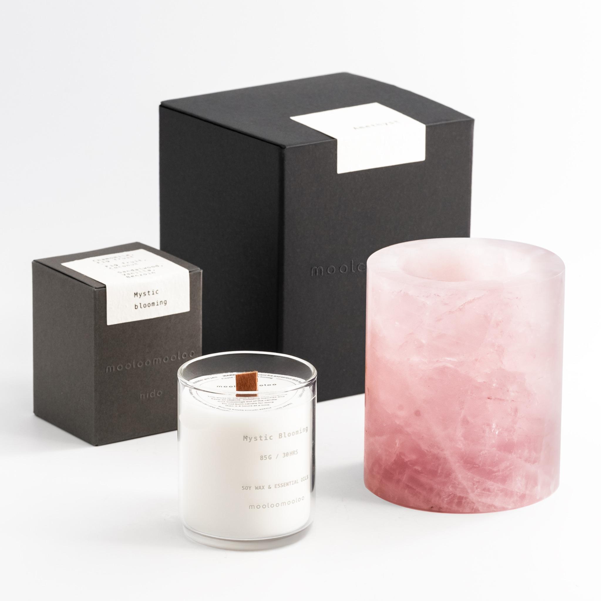 Rose Quartz candle holder and soy candle with gift packaging – elegant crystal home decor set