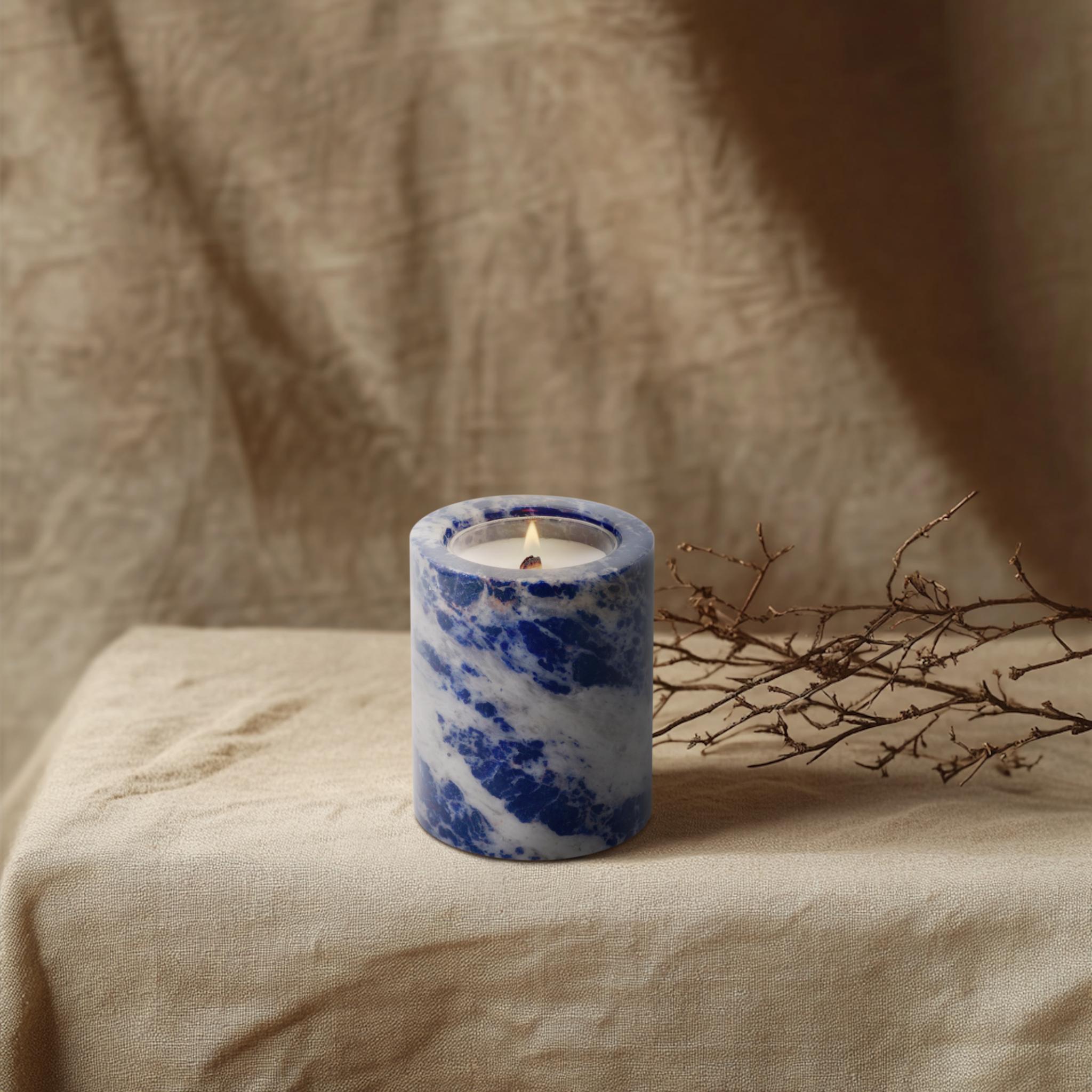 Sodalite crystal candle with soothing flame – a scented candle and energy stone for calming home decor