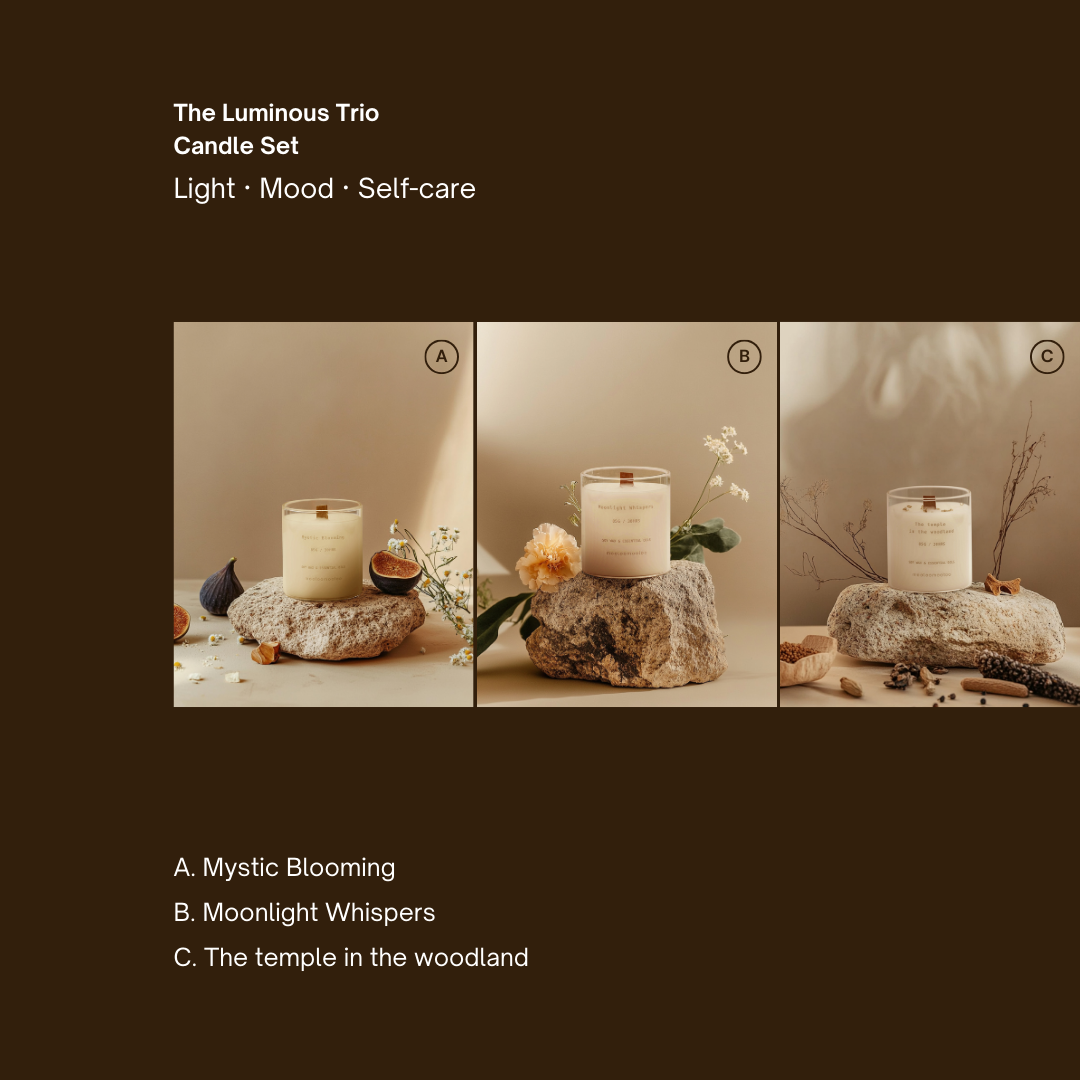 Candle set with three different scenes labeled A, B, and C on a brown background.