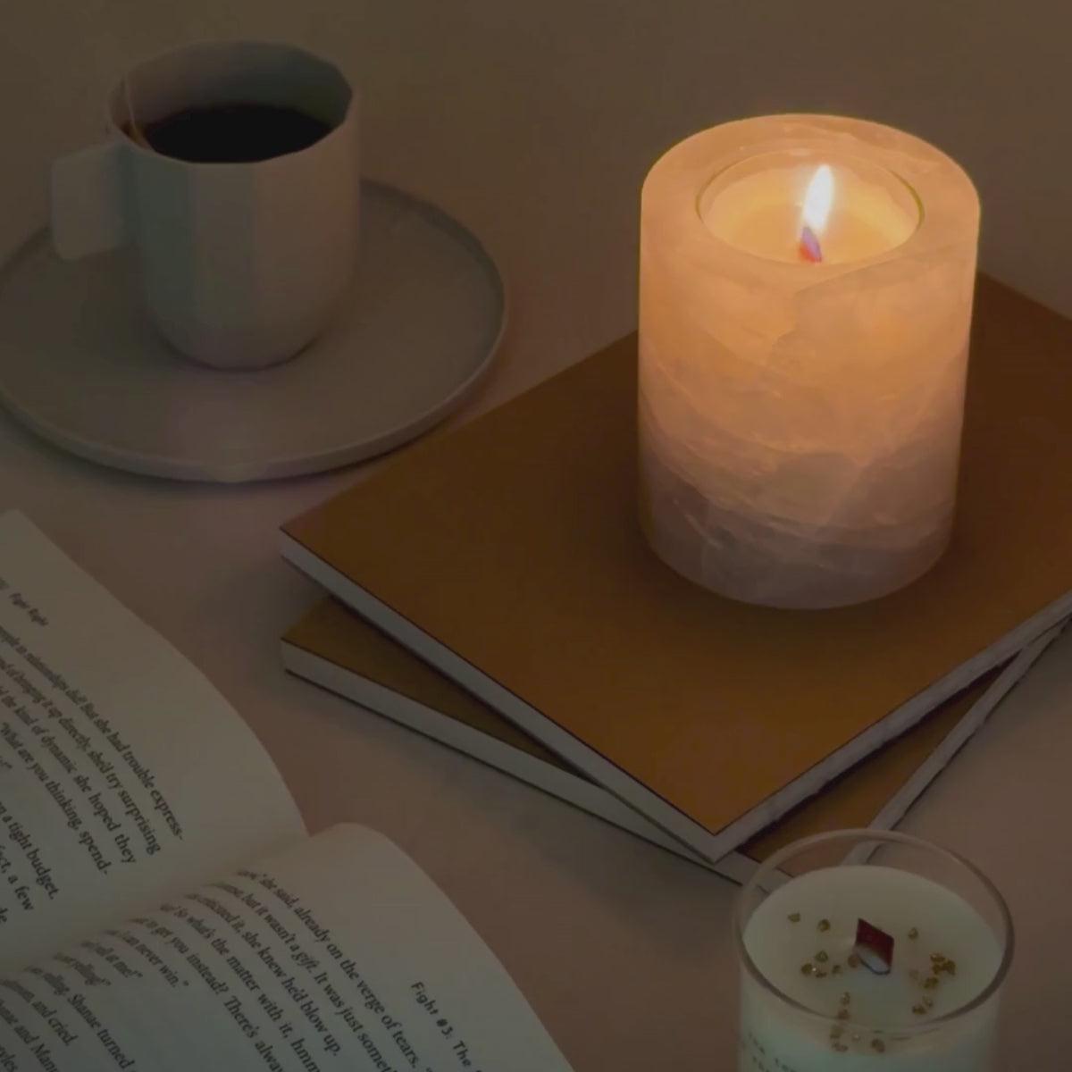 Unboxing a clear quartz crystal candle holder designed for elegant home decor, featuring a soft, ambient glow perfect for calming spaces.